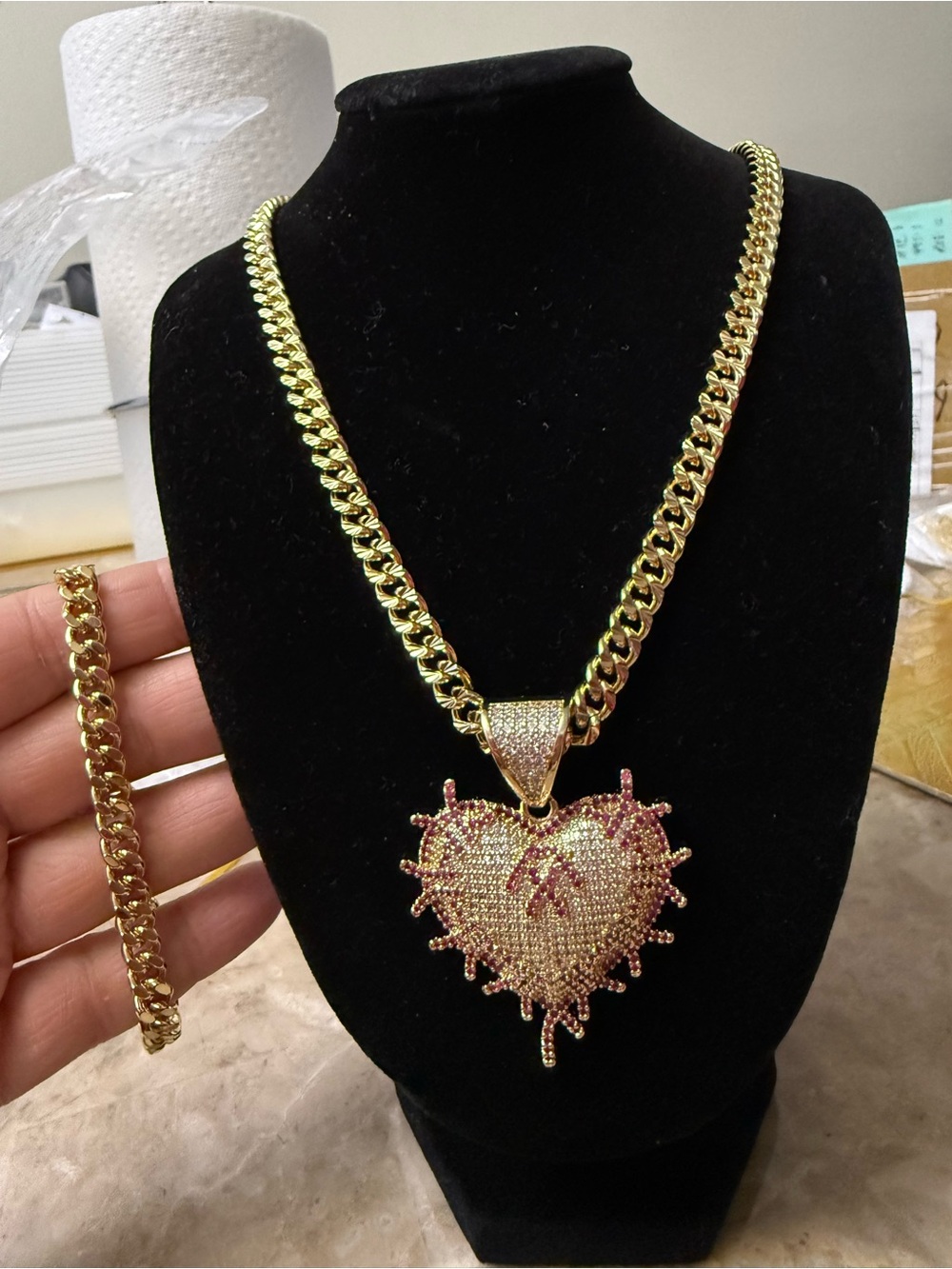 Gold Heart Pendant Necklace with Pink Accents